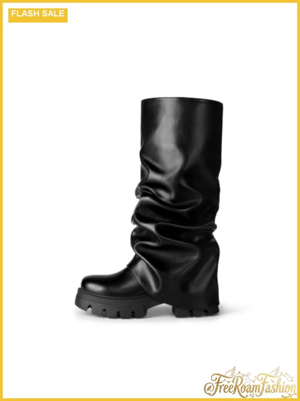 Ruched Mid Calf Platform Boots Faux Leather Pull-On Slouch Women's